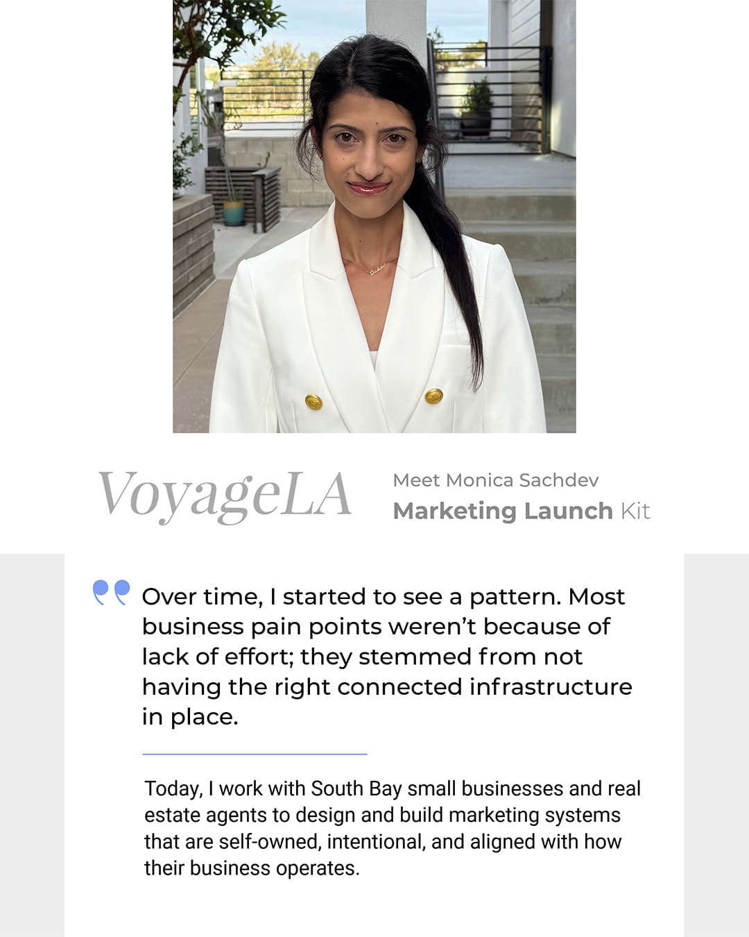 Monica Sachdev with Marketing Launch Kit featured in Voyage LA